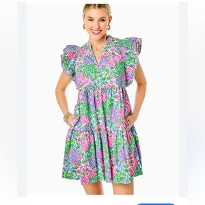 Lilly Pulitzer Aldena Ruffle Sleeve Floral V-Neck Tiered Dress